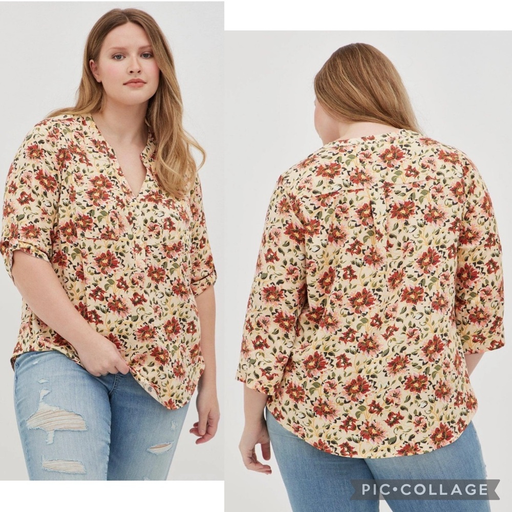 Torrid Neutral Floral Twill Pullover Blouse Top